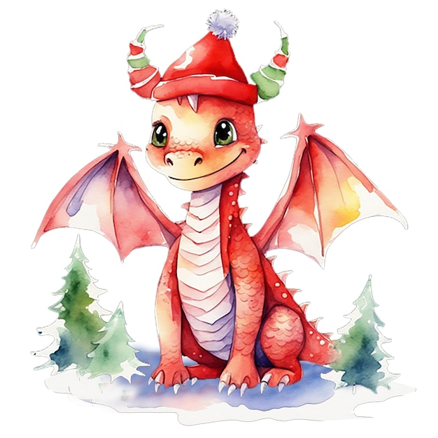 A cute red dragon is a symbol of 2024 in a red riding hood Watercolor illustration