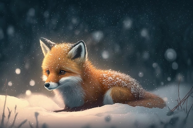 Cute red fox baby cartoon dreamlike in snow winter Generative AI Animal and landscape concept