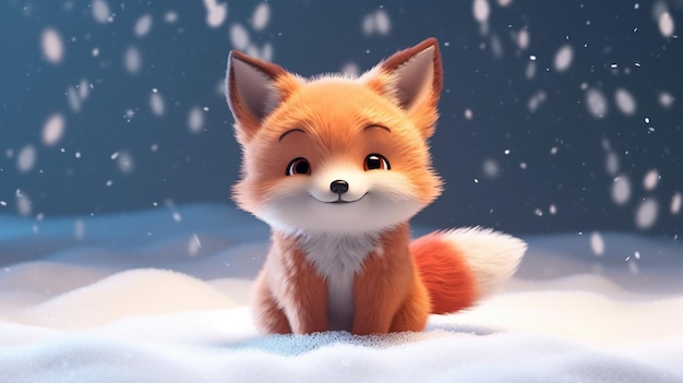 Cute red fox baby cartoon dreamlike in snow winter genGenerative AI