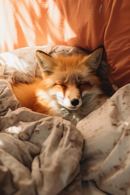 Cute red fox lies on the bed under peach blanket Exotic pet Peach fuzz