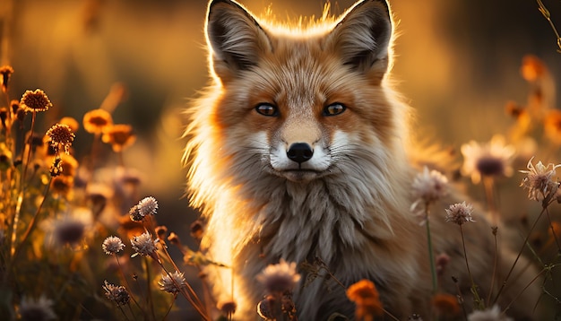 Фото Милый щенок красной лисы сидит в траве и смотрит на камеру, сгенерированную искусственным интеллектом.