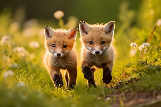 Cute Red Fox Pups Playing in the Meadow