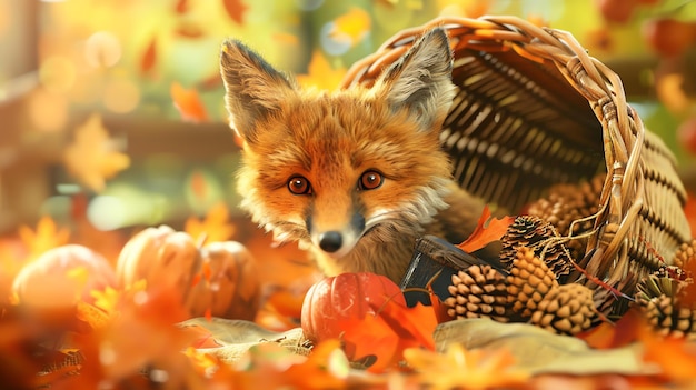 A cute red fox sits in a basket full of autumn leaves and pumpkins The fox is looking at the camera with a curious expression