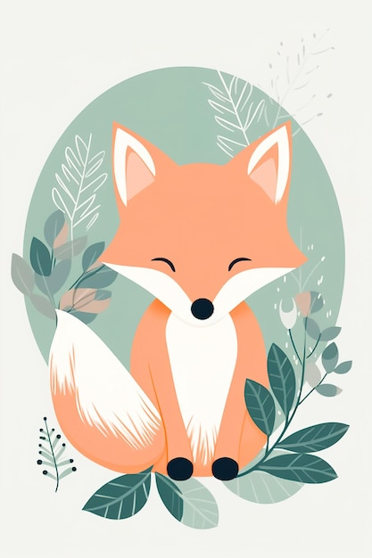 A cute red fox sitting in a forest glade illustration for children made in Scandinavian style