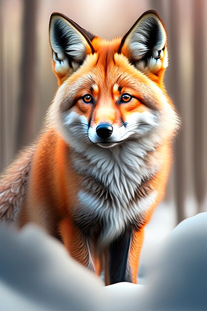 Cute Red Fox in winter forest Making eye contact Digital art