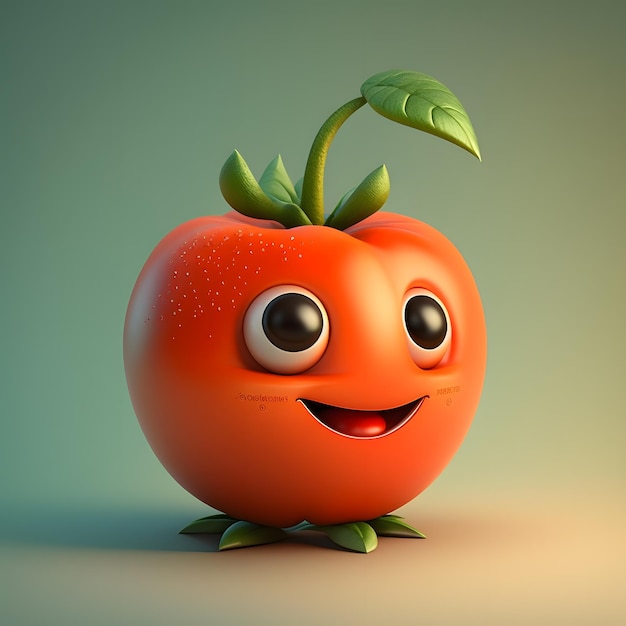 Cute red funny tomato 3d cartoon character on a simple background