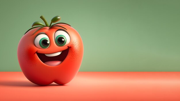 Cute red funny tomato 3d cartoon character on a simple background