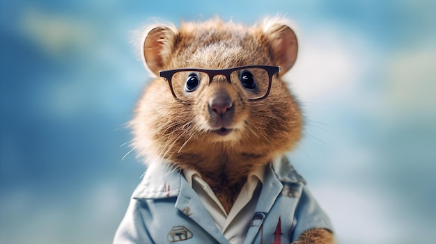 Cute red ginger hamster in glasses and lab coat against blue background Little rodent professor