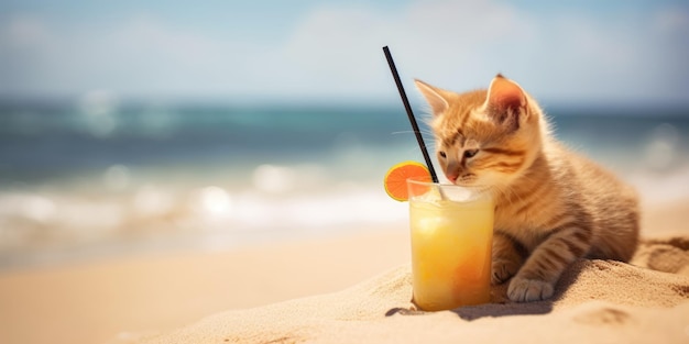 Милый рыжий котенок и коктейль на летнем морском пляже Кошка пьет апельсиновый сок на тропическом пляже