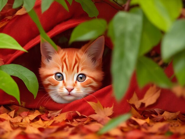 Cute red kitten hiding from the rain under the leaves ai generated