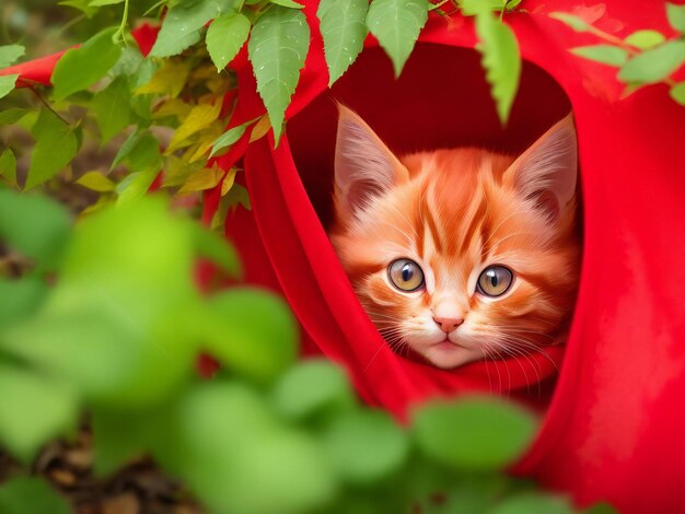 Foto simpatico gattino rosso che si nasconde dalla pioggia sotto le foglie ai generato