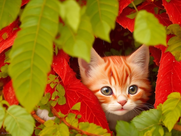 Cute red kitten hiding from the rain under the leaves ai generated