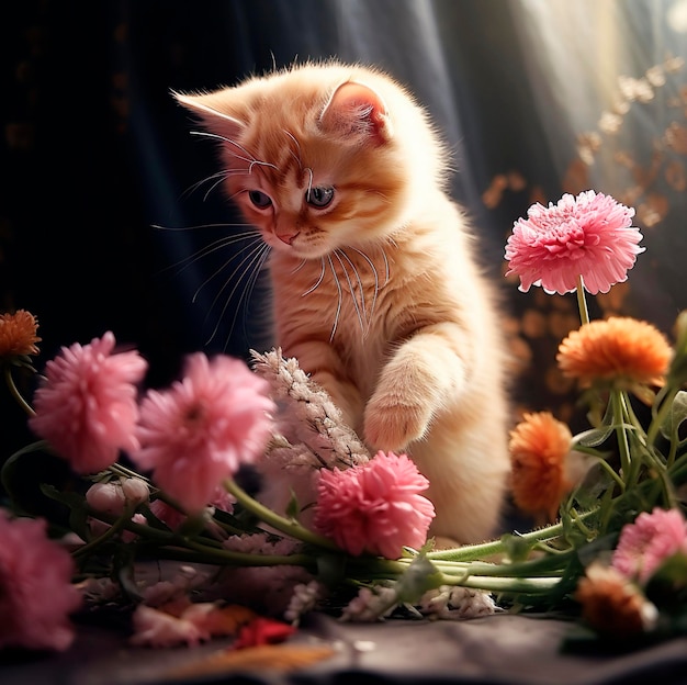 Cute red kitten playing with flowers on a dark background Fluffy pet