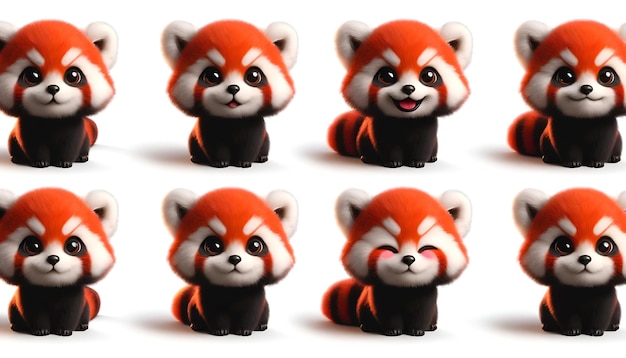 cute red panda illustrated in four angles each with a unique expression against a white backdrop