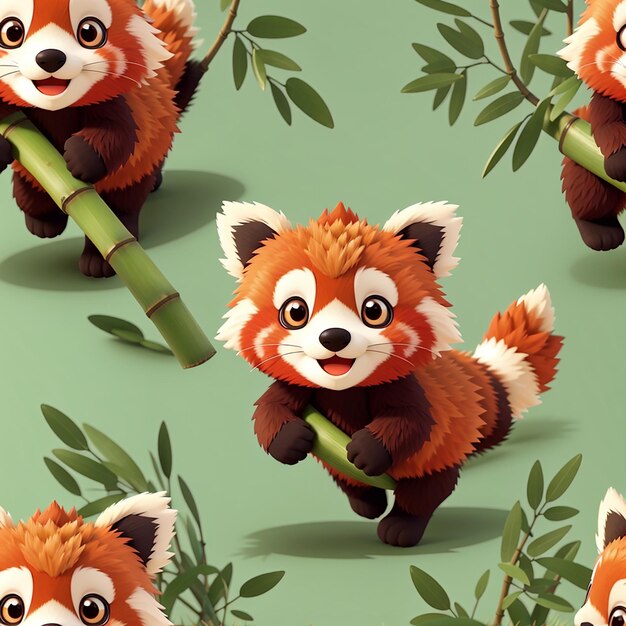 Cute red panda running with bamboo cartoon vector icon illustration animal nature icon isolated