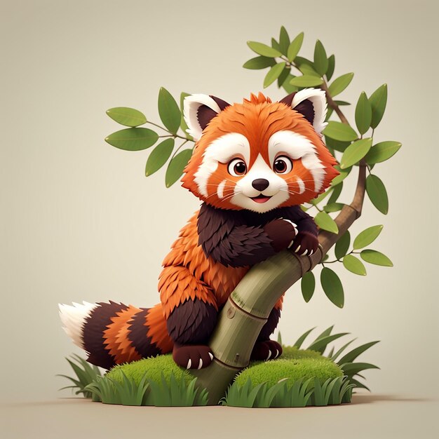 Cute Red Panda Standing on Tree with Bamboo Cartoon Vector Icon Illustration Animal Nature Isolated