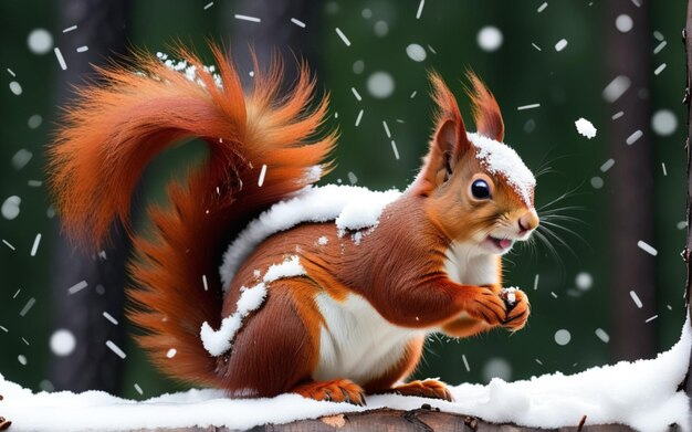 Cute red squirrel in the falling snow against the background of a pine forest Winter time backgroun