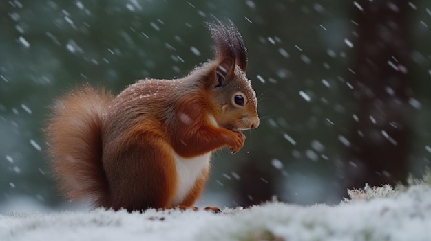 Cute red squirrel in the falling snow winter beautiful image Ai generated art