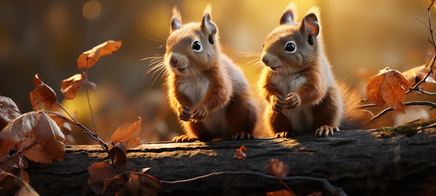 Cute red squirrels on tree