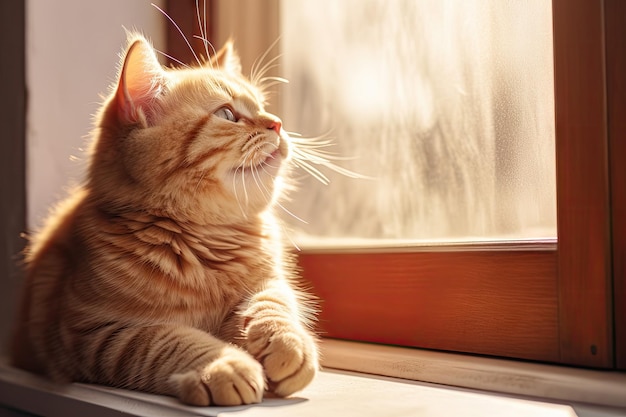 Cute red tabby scottish fold cat sitting on windowsill and licks itself pet licking paw and washing