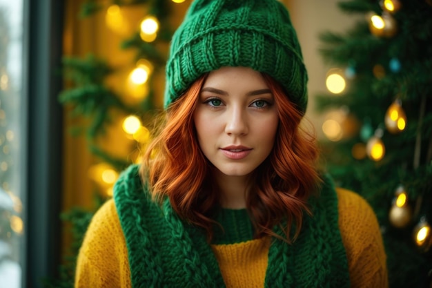 写真 緑色の編み帽子と編みセーターを着たかわいい赤の女の子が新しい背景に