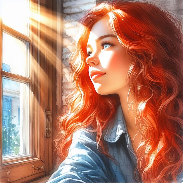 사랑스러운 빨간 머리 소녀가 이 비치는 창문 밖을 쳐다본다.