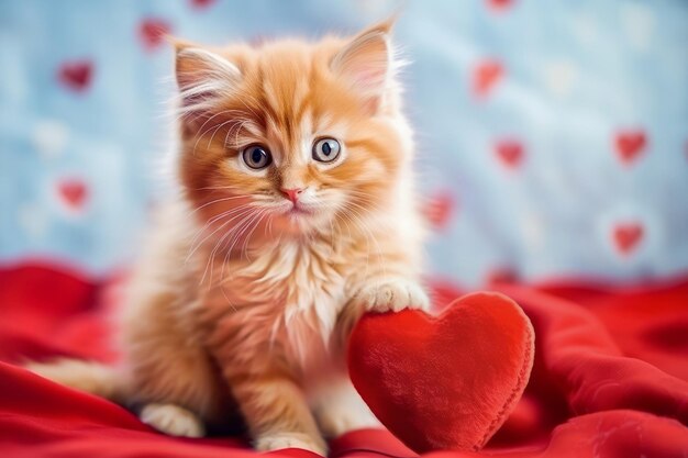 赤毛の可愛い子猫がおもちゃの隣に座っている赤い心のバレンタインデー