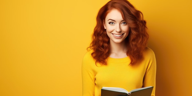 Cute redhaired woman on an orange background Place for text High quality photo Generative AI