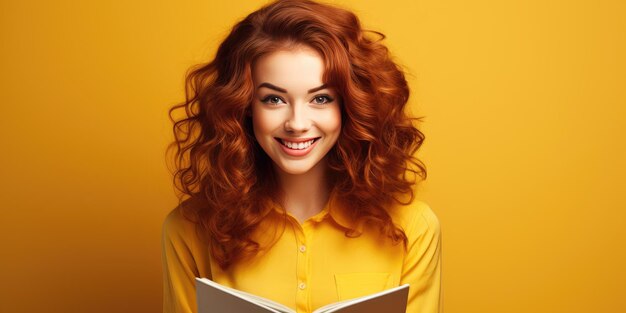 Cute redhaired woman on an orange background Place for text High quality photo Generative AI