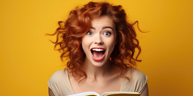 Cute redhaired woman on an orange background place for text high quality photo generative ai