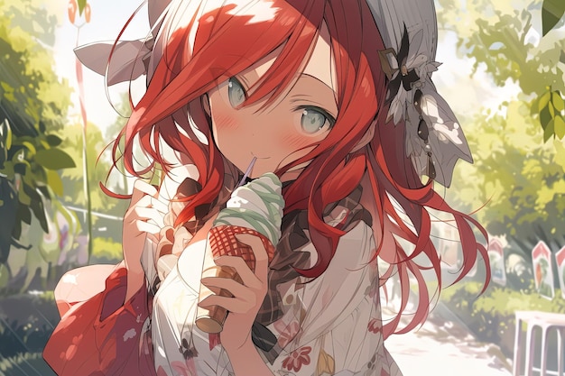 Cute redhead anime girl eating an ice cream in a park Generated ai