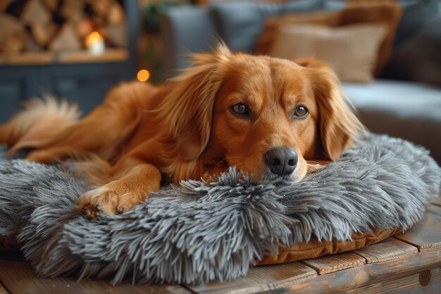 Cute relaxed dog lying on mat