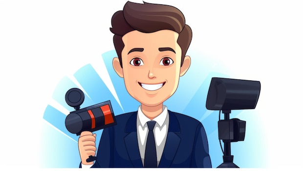 Cute reporter broadcasting news on camera cartoon vector icon illustration people technology icon