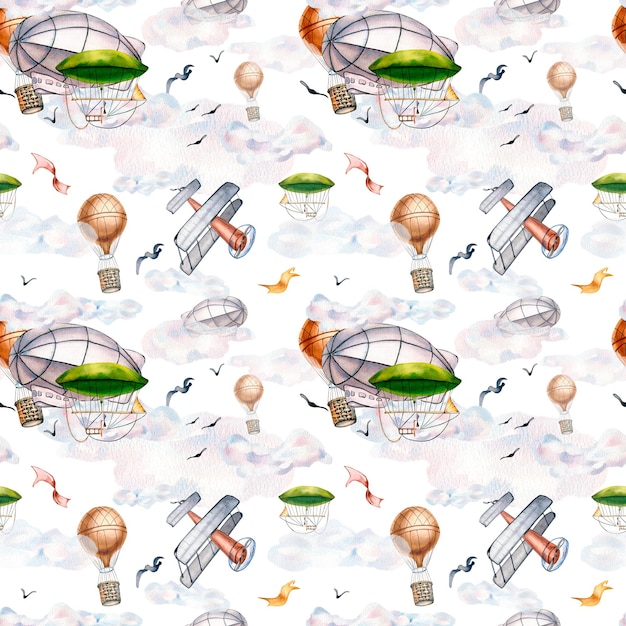 Cute retro aircrafts and balloons watercolor illustration seamless pattern