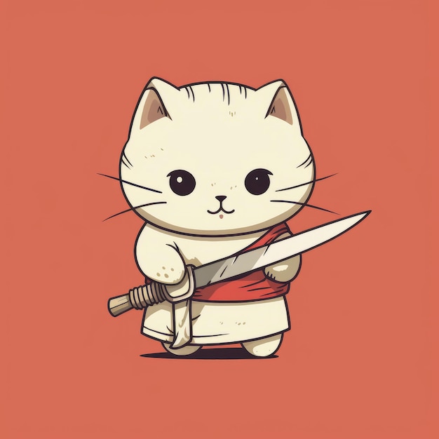 Cute Retro Japanese Cartoon Minimalist Cat with Knife No Background