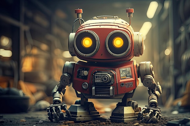 Cute retro robot at the factory Generative AI