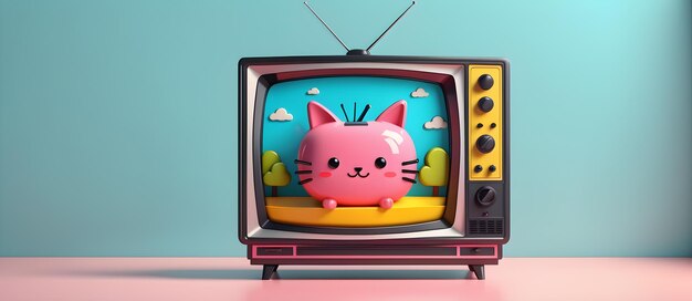 사진 귀여운 레트로 tv tv 3d 아트 애니메이션 그래픽 배너 웹 사이트 디자인 선물 카드 배경 인공지능에 의해 생성 된 디지털 그래픽 아트