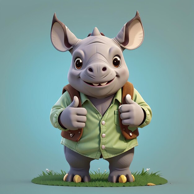 Cute Rhino Thumbs Up With Grass Cartoon Vector Icon Illustration Animal Nature Icon