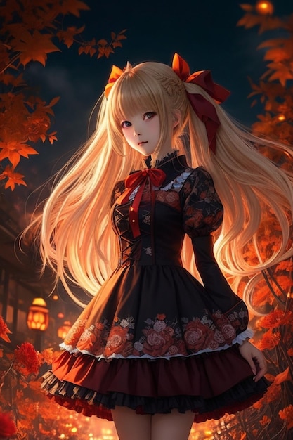 Cute ribbon elegance blonde anime girl in halloween red attire