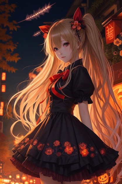 Cute Ribbon Whimsy Blonde Anime Girl in Halloween Red Attire