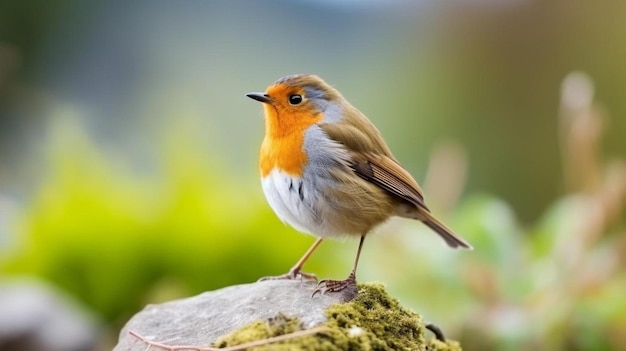 ブラウンと赤の羽毛を着た可愛いロビン鳥がぼんやりした自然の草地に立っています