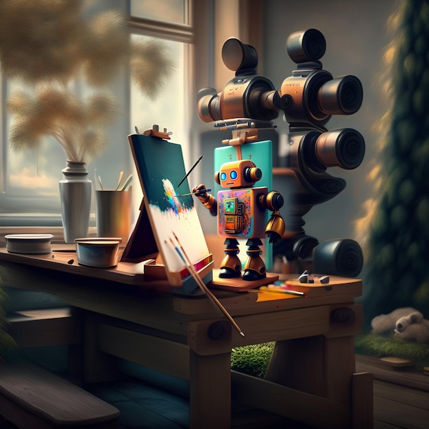 A cute robot artist painting on an easel Concept