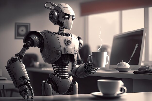 Cute robot assistant bringing cup of coffee to busy executive in futuristic office setting