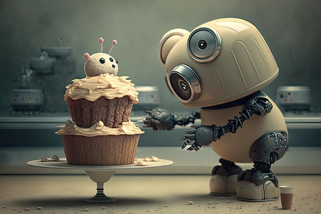 Foto simpatico assistente robot che aiuta il suo padrone umano a cuocere deliziosi cupcakes