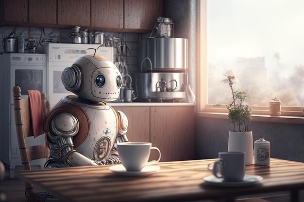 Photo cute robot assistant preparing a cup of tea with view of cozy living room in the background