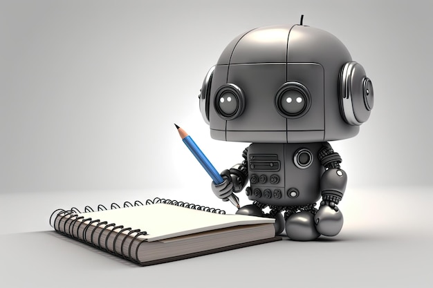 Photo cute robot assistant taking notes at meeting with pencil and paper