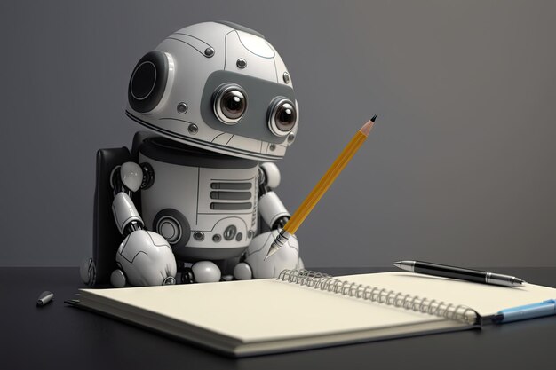 Cute robot assistant taking notes at meeting with pencil and paper