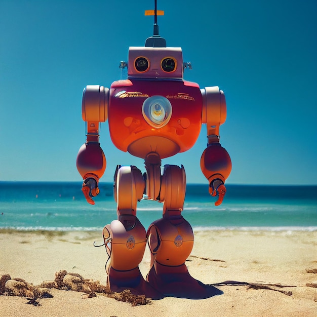 해변 공상 과학 그림에 귀여운 로봇