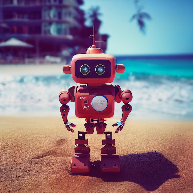 Cute robot on the beach Scifi illustration