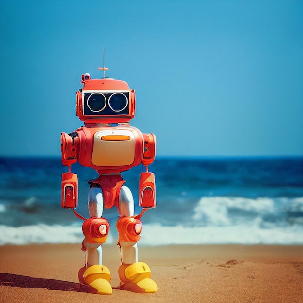 Милый робот на пляже Scifi иллюстрация